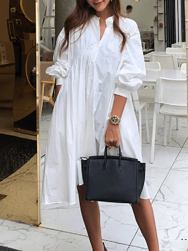 Price Drop chic dressWomen Solid Color Pleated Long Sleeve Casual Shirt Midi Dresses