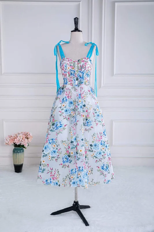 Value Deals trendy wrap dressBlue and White Floral Bow Tie Straps A-line Tea-Length Prom Dress