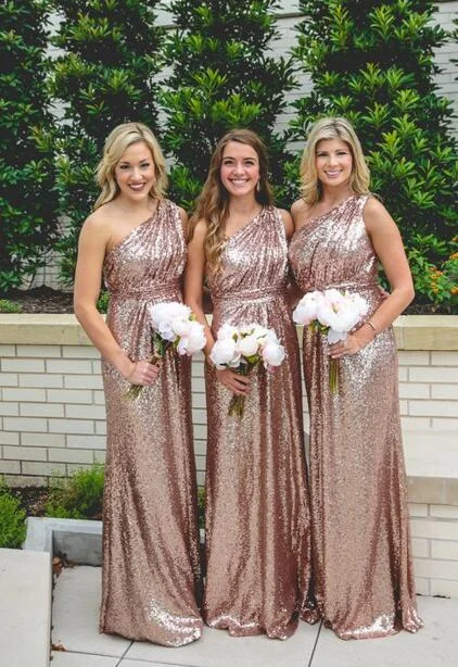 Steals and Deals boho-chic dressSparkly One Shoulder Rose Gold Sequins Bridesmaid Dress