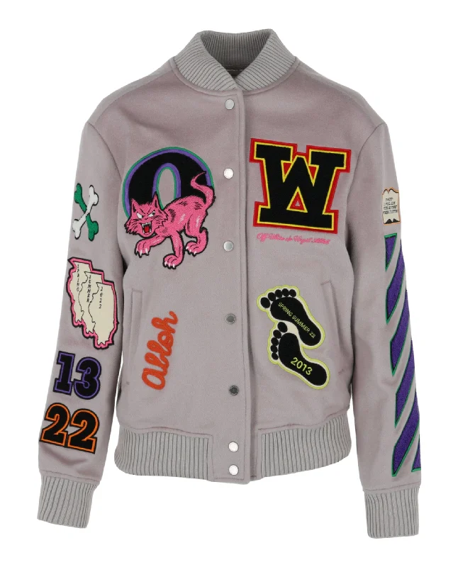 Special Savings everyday winter coatOff-White Womens Embroidered Patches Varsity Bomber Jacket