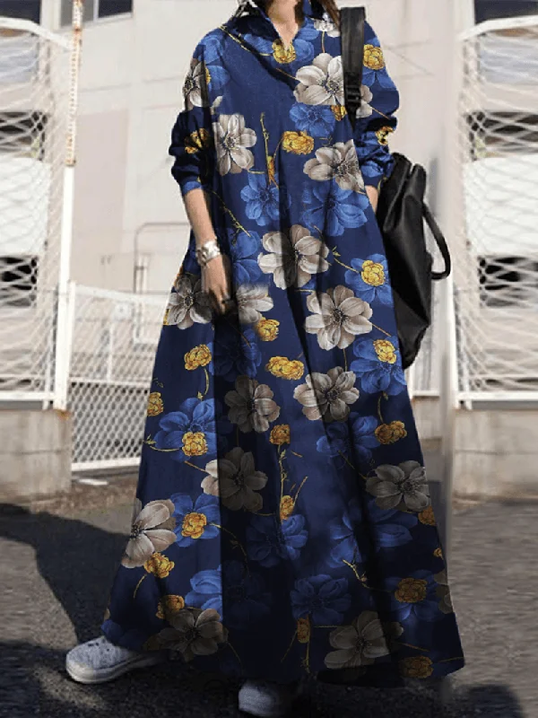 Final Markdown wrap-around dressWomen Floral Printed Cotton Vintage Maxi Dresses with Side Pockets