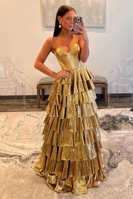 Deal Alert bohemian dressSweetheart Gold A-line Tiered Ruffle Long Formal Dress