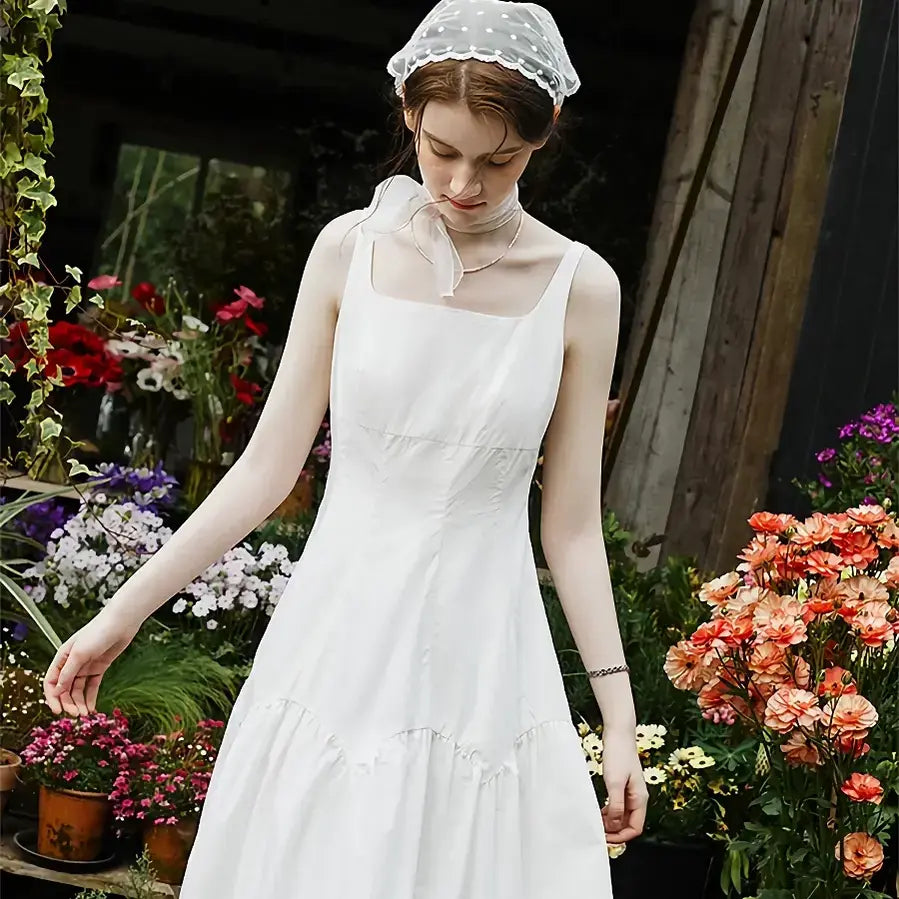 Can't Miss elegant maxi dressFrench White Suspender Long Dress
