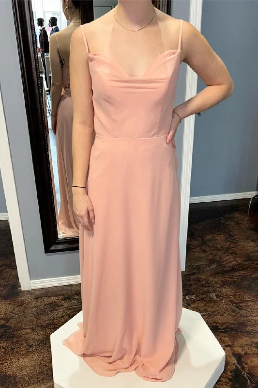 Exclusive Savings off-the-shoulder dressPink Straps Cowl Neck Chiffon Long Bridesmaid Dress