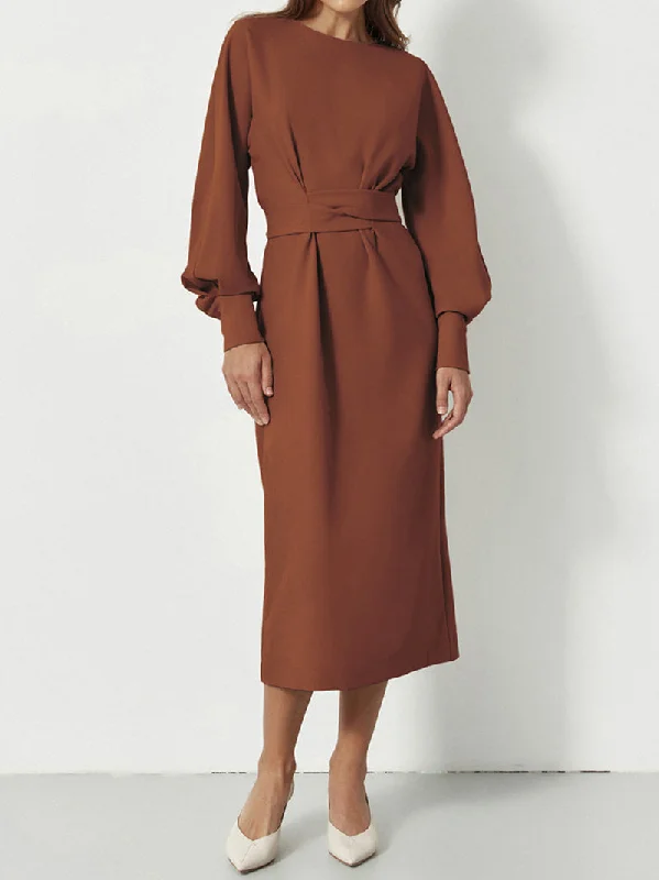 Deal of the Week stylish party dressSandy  O-Neck Long Lantern Sleeve Midi Dress