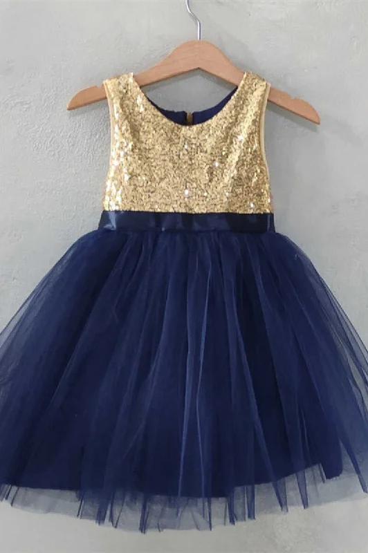 Fantastic Offers luxury dressGold&Navy Blue Sequins Banded Waist Flower Girl Dress