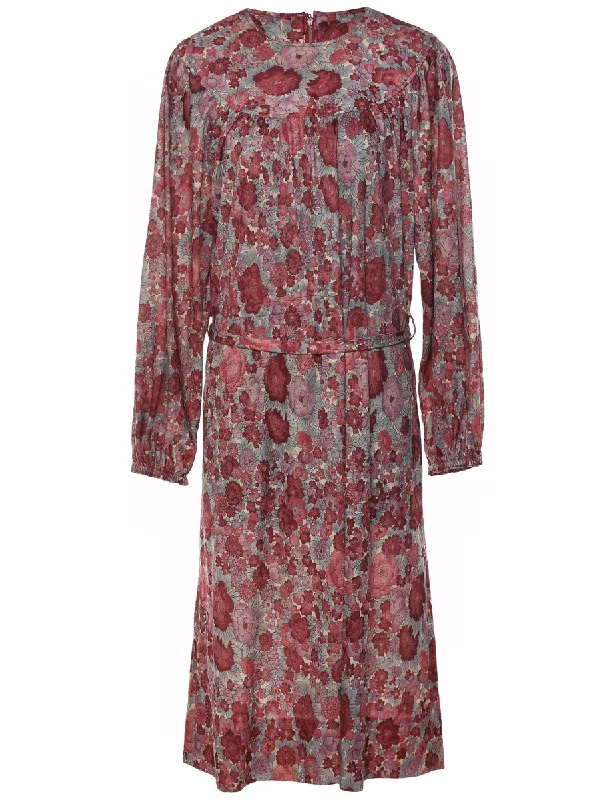 Discount Extravaganza versatile coatFloral Print Grey & Maroon Long-Sleeve Vintage Dress - M