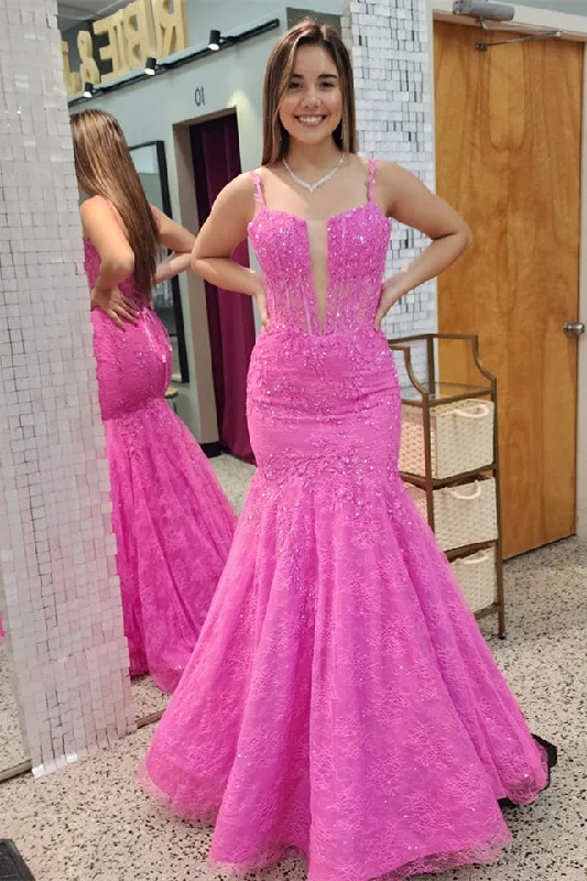 Anniversary Sale stylish dressPink Mermaid Appliques Lace Plunging V Neck Long Prom Dress