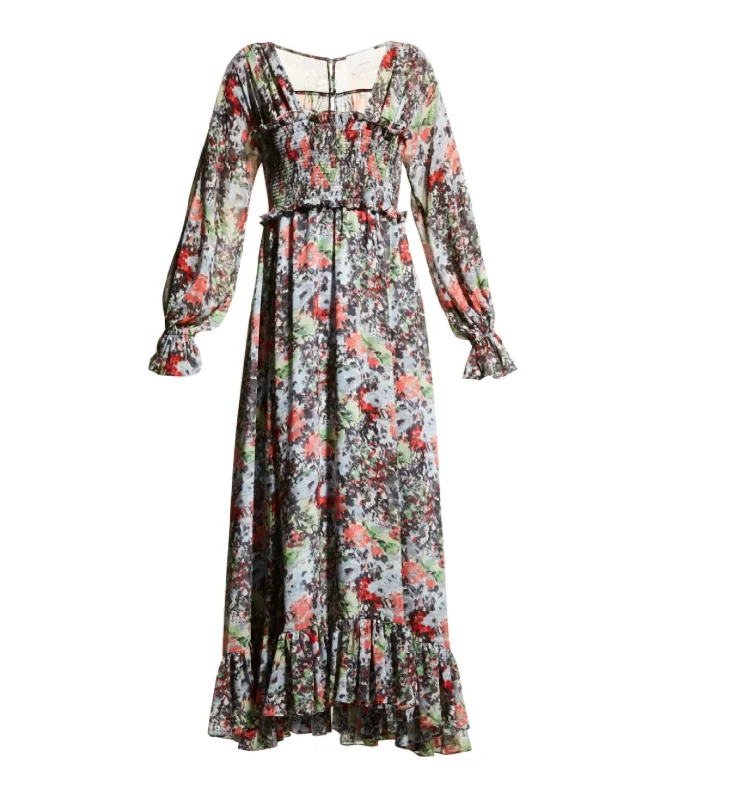 fitted cocktail dressLeigh Floral Square Neck Long Sleeve Smocked Maxi Length Dress Multi in Floral/Multi