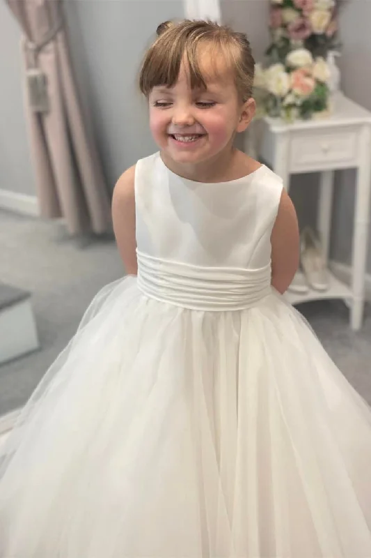 Clearance Sale relaxed fit dressWhite Jewel Sleeveless Buttons Long Flower Girl Dress with Bow Tie Back Sash