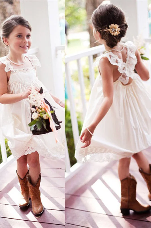 Mega Deal fitted dressPretty A-line Knee Length White Beach Flower Girl Dress