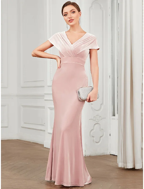 Markdowns Evening Gown Vintage Dress Floor Length Short Sleeve V Neck Velvet V Back with Ruffles