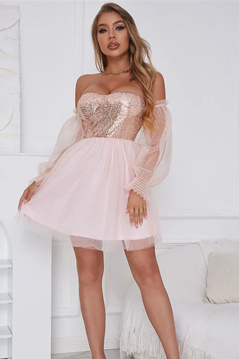 Low Prices floral dressPink Sweetheart Sheer Sleeves A-Line Cocktail Dress