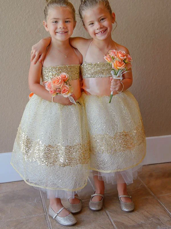 Final Sale classic fit-and-flare dressGold Sequins Halter Flower Girl Dress with Sash