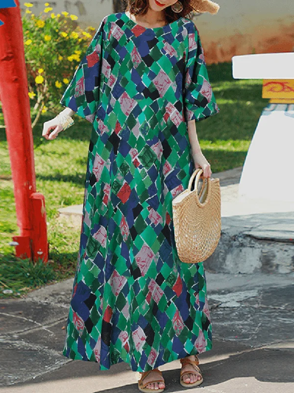 Stock Clearance bodycon dressVintage Geometry Print O-Neck Half Sleeve Bohemia Maxi Dress