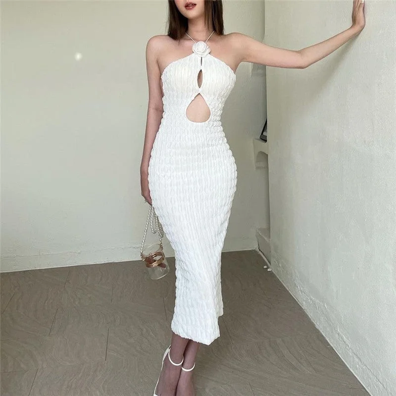 Extra Savings casual evening dressIns Jacquard Knitted Dress Hollow Flower Strap