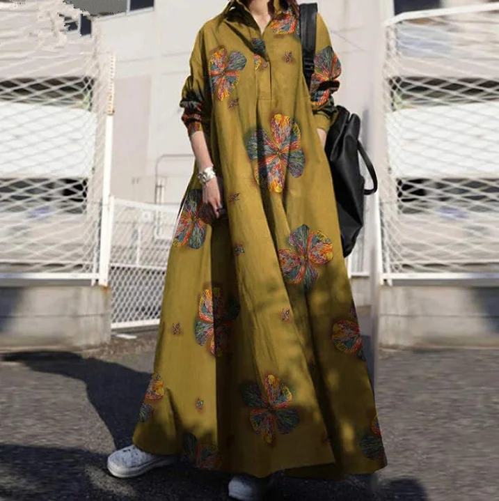Deal Dash flowy dressWomen Floral Printing V-Neck Long Sleeve Button Holiday Casual Maxi Shirt Dress