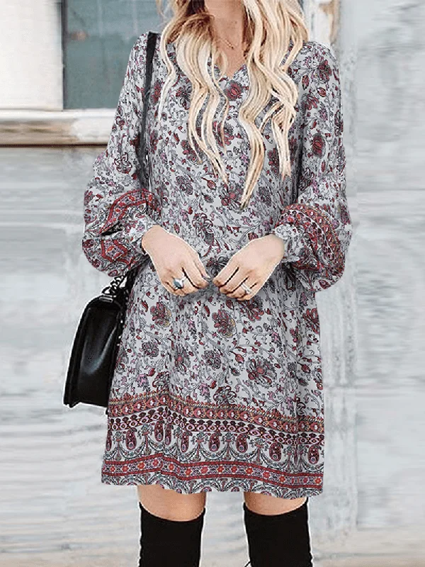 Instant Discount comfy maxi dressBohemian Women Floral Print V-Neck Puff Sleeve Button Cuffs Casual Mini Dress