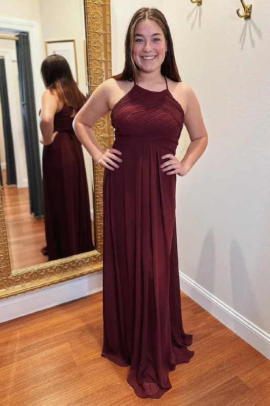 Savings Galore party-ready dressCabernet Chiffon Halter Pleated Long Bridesmaid Dress