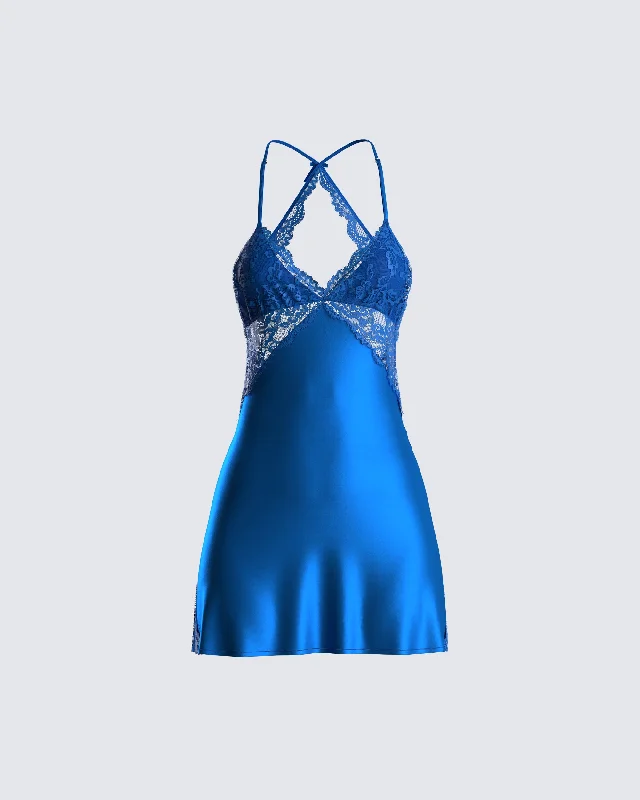 Unbeatable Prices long sleeve dressBernadette Blue Lace Satin Dress