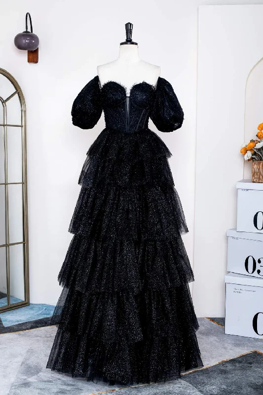 Special Buy layered dressSaprkly Black Off-Shoulder Puff Sleeves Layers Long Prom Dress