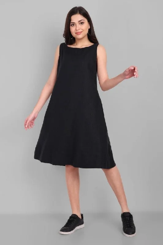 Super Sale A-line Black Linen Knee Length Dress