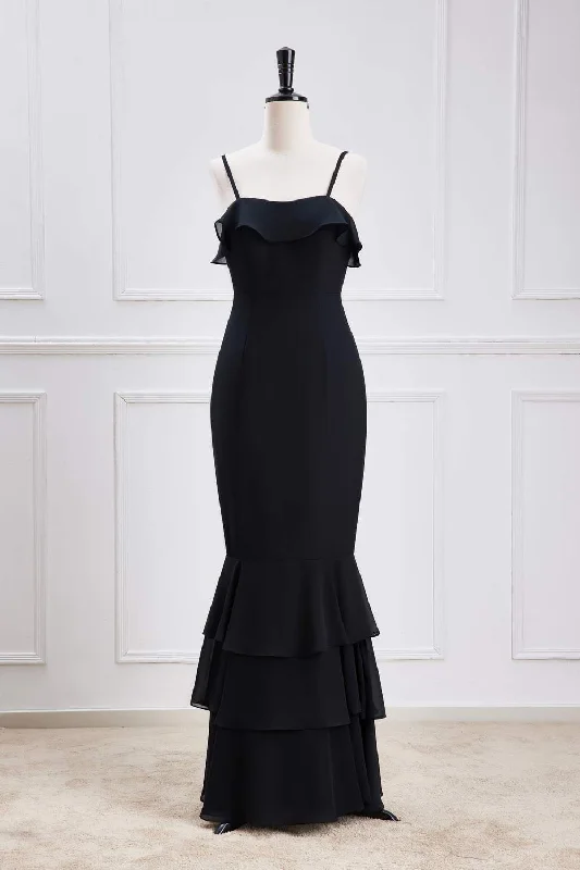 Year-End Sale elegant shift dressBlack Ruffled Spaghetti Straps Mermaid Layers Long Bridesmaid Dress