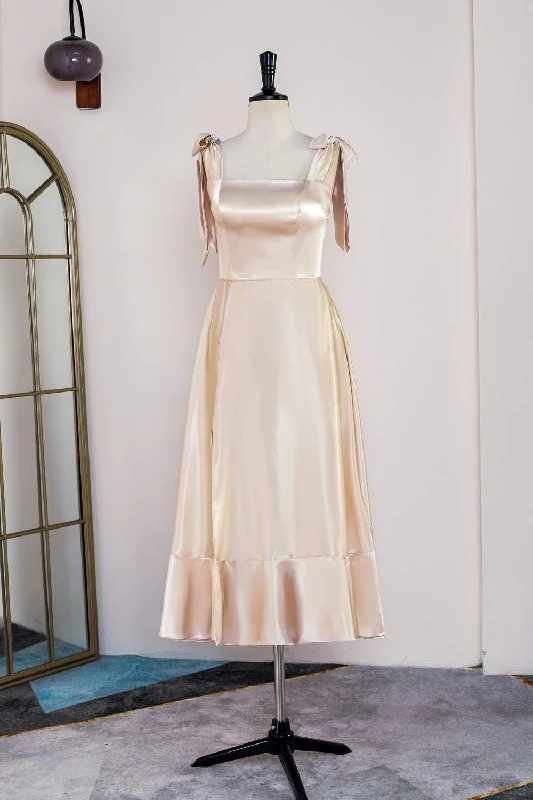 Instant Discount floral midi dressChampagne Bow Tie Straps A-line Satin Tea-Length Bridesmaid Dress