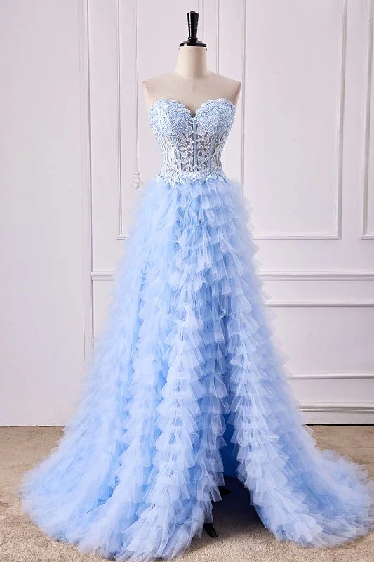 Best Seller shift dressLight Blue Strapless Floral Layers A-line Long Prom Dress with Slit