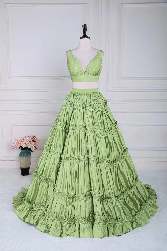 Crazy Savings mini dressGreen Two-Picec Ruffled A-line Long Prom Dress