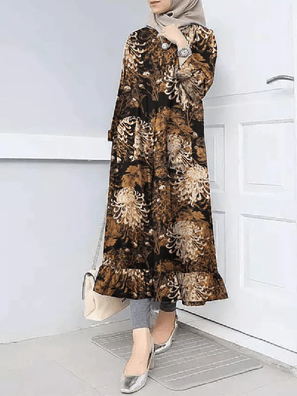 Buy More, Save More denim dressWomen Flora Print Ruff Hem O-Neck Casual Bohemian Abaya Kaftan Shirt Dress with Pocket
