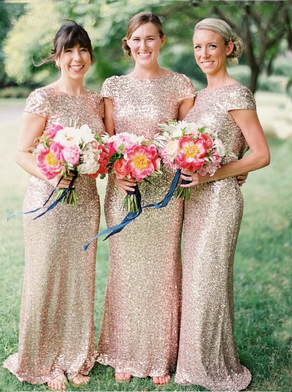 Price Reduction office dressChic Mermaid Long Sequins Rose Gold Bridesmaid Dress With Cap Sleeves