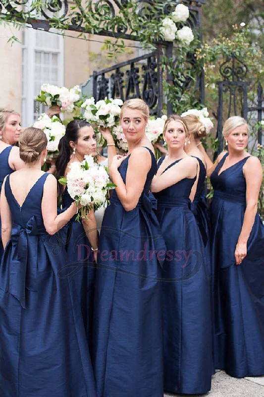 Special Savings wrap dressA-line V-Neck Navy Blue Long Bridesmaid Dress with Bow