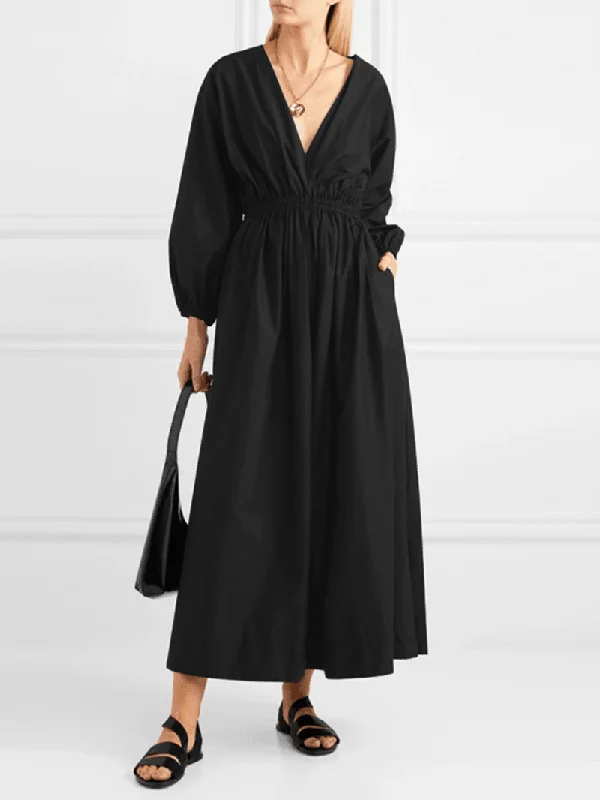 Hurry In formal dressWomen V-Neck Pleated Elastic Waist Puff Sleeve Elegant Maxi Dresses