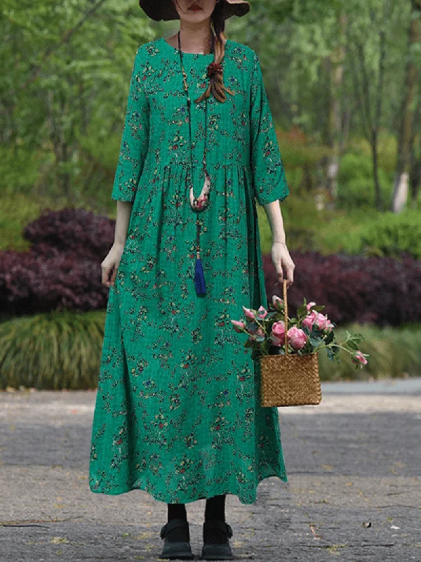 Amazing Deals high-waisted dressWomen Vintage Flowers Print O-Neck 3/4 Sleeve Casual Holiday Maxi Dress