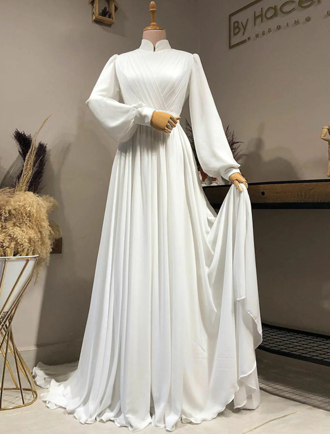 The Best Prices Vintage Casual Wedding Dresses A-Line Long Sleeve High Neck Chiffon With Pleats