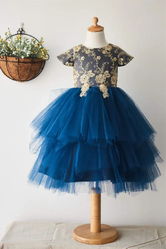 Season Finale Sale spaghetti strap dressCute Blue Tiered Tulle Flower Girl Dress with Appliques