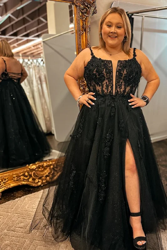 Epic Deals cocktail dressBlack Floral Appliques Straps A-line Long Prom Dress with Slit