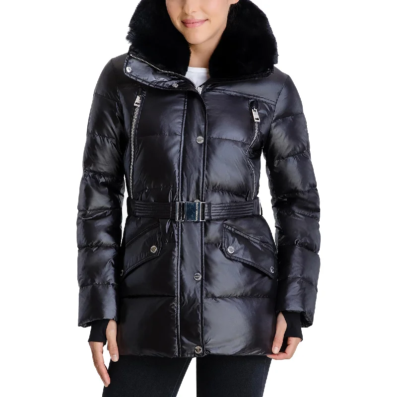 chic wool coatMichael Michael Kors Women's Black Belted Faux Fur Collar Down Coat Jacket