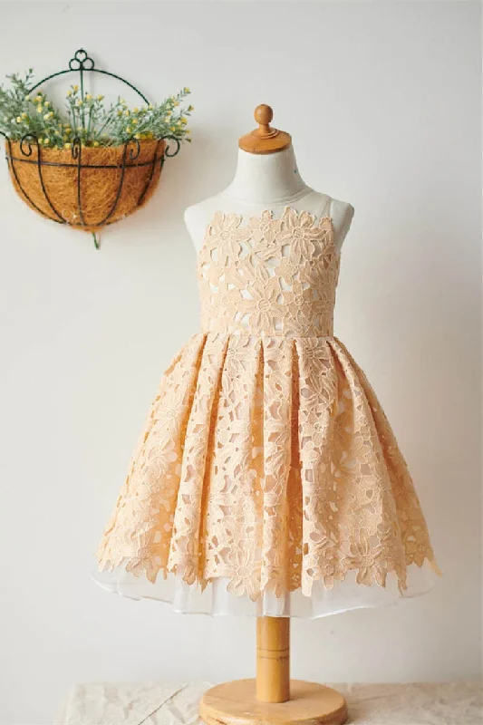 Flash Deals boho dressCrew Neck Champagne Lace Flower Girl Dress