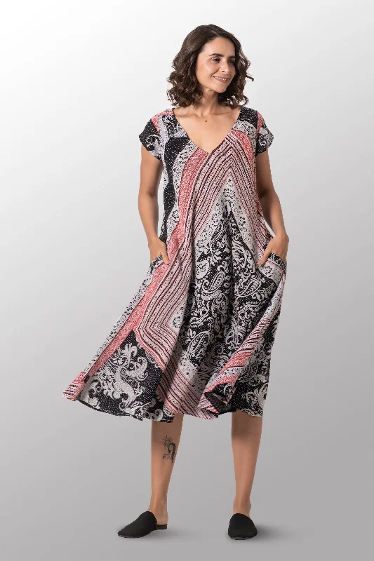 Super Sale COTTON PAISLEY KANTHA CAP SLV. FLARE DRESS - cp2425-blk -