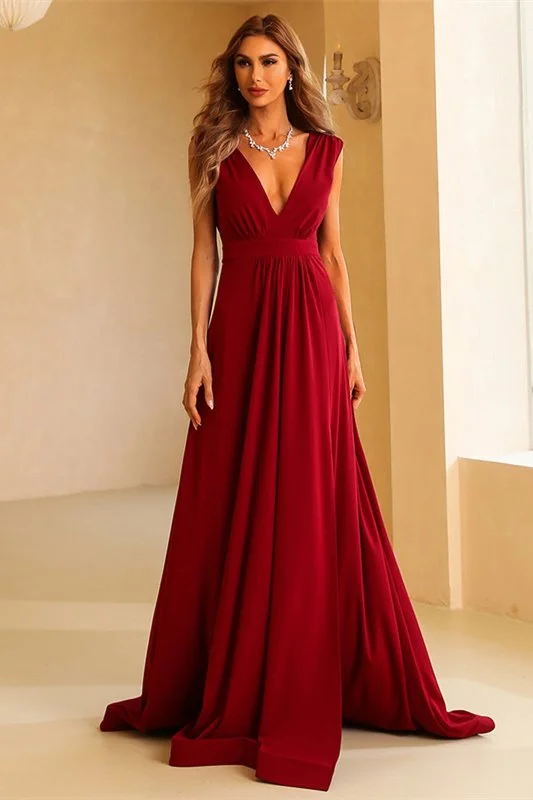Super Deal sleek midi dressSexy Red A-line Deep V Neck Long Party Dress
