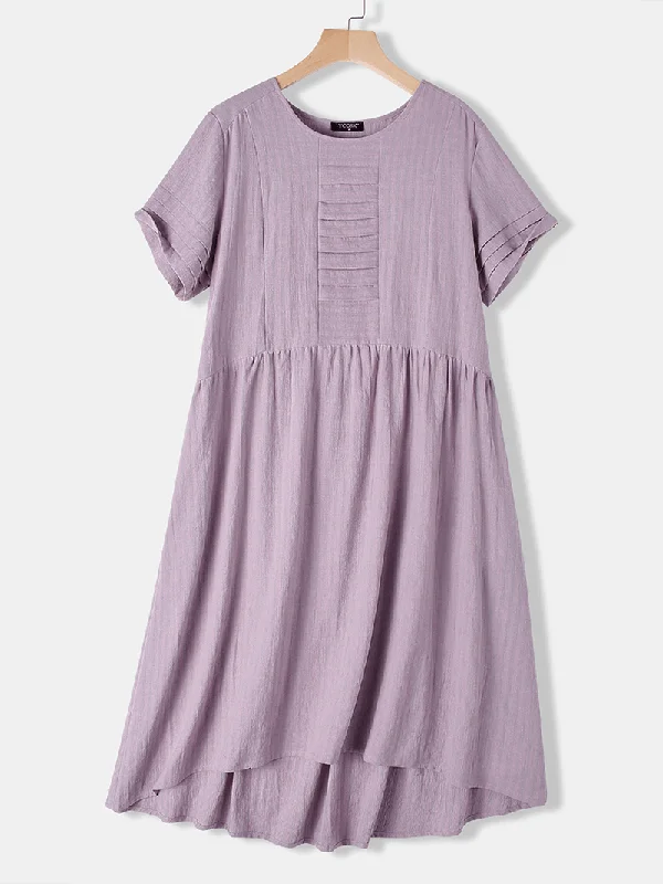 Instant Savings stylish party dressCasual Striped Irregular O-Neck Short Sleeve Pleated Dress
