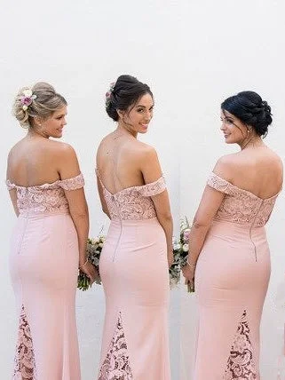 Quick Sale chic wrap dressElegant Off Shoulder Mermaid Blush Pink Long Bridesmaid Dress