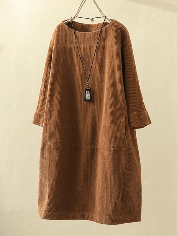 Epic Deals denim dressPlus Size Solid Color Corduroy Crew Neck Vintage Loose Fit Dress