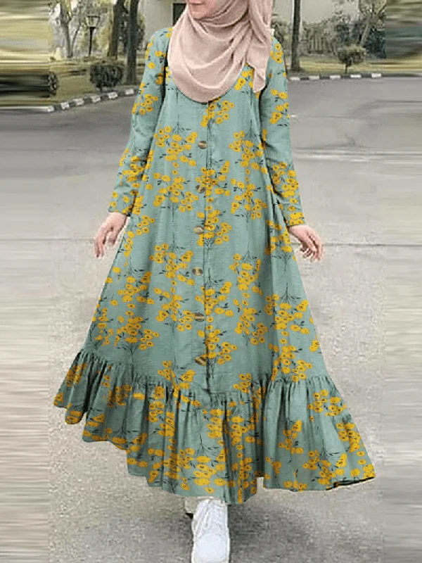 Special Buy romantic dressWomen Cotton Floral Print Holiday Ruffles Hem Button down Robe Contrast Color Maxi Dress