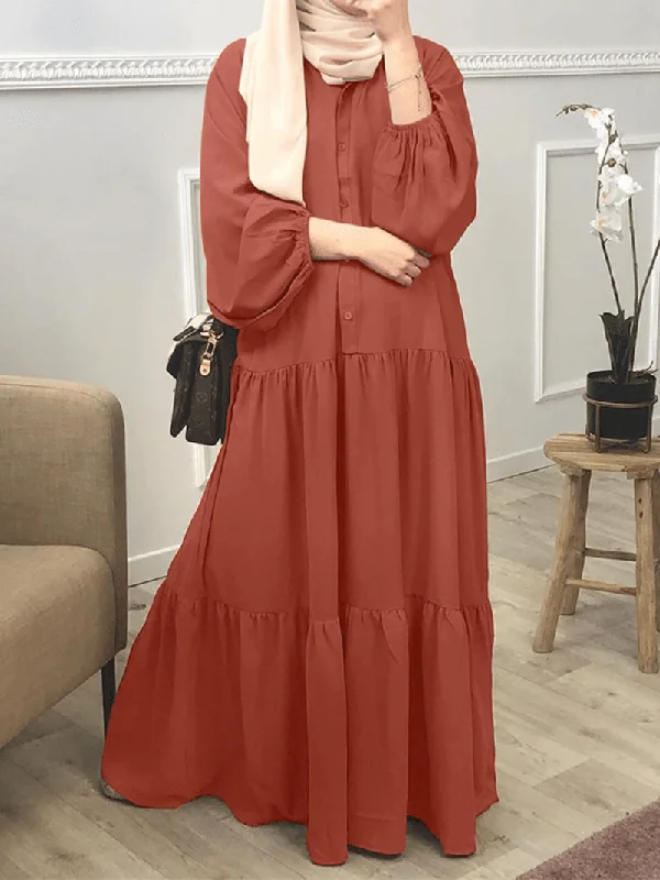 Reduced Prices floral midi dressWomen Solid Color Button down Front Puff Sleeve Kaftan Robe Maxi Dress
