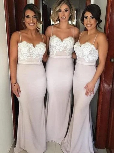 Amazing Deals vintage dressSpaghetti Straps Mermaid Long Bridesmaid Dress with White Lace