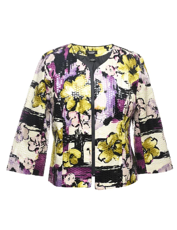 retro coatFloral Pattern Purple & Yellow Sparkly Evening Jacket - L