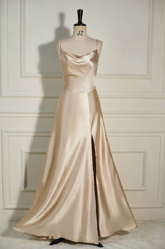 Special Savings bohemian dressChampagne Cowl Neck Straps A-line Satin Long Dress with Slit